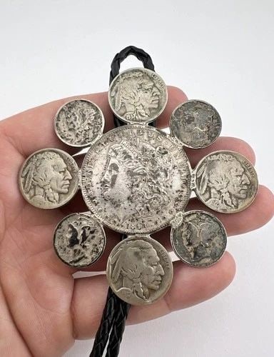 EARLY NAVAJO COIN SILVER 1890 MORGAN SILVER DOLLAR MERCURY DIMES BOLO TIE 3.25": EARLY NAVAJO COIN SILVER 1890 MORGAN SILVER DOLLAR MERCURY DIMES BOLO TIE 3.25" Early Navajo Coin Silver 1890 Morgan Silver Dollar & Mercury Dimes & Buffalo Nickles Bolo Tie 3.25" Size: 3 1/4" Tall by