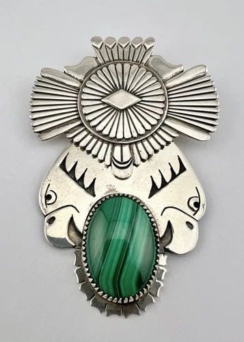 VTG EDDY CHACO NAVAJO STERLING SILVER MALACHITE STAMPED EAGLE PIN PENDANT 3.25" (1 of 2)