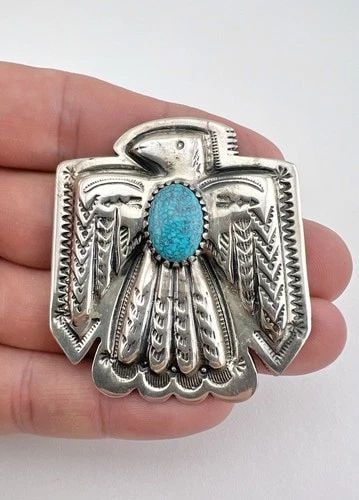 VTG BEGAY NAVAJO STERLING SILVER SPIDERWEB TURQUOISE THUNDERBIRD BROOCH 2 1/8" (1 of 2)