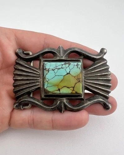 VTG NAVAJO STERLING SILVER NATURAL SPIDERWEB TURQUOISE BELT BUCKLE 2 7/8" - 60G (1 of 2)