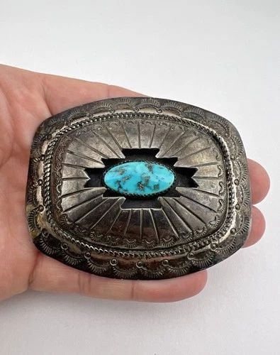 WILBUR MUSKET NAVAJO STERLING SILVER NATURAL TURQUOISE SHADOWBOX BELT BUCKLE 3": WILBUR MUSKET NAVAJO STERLING SILVER NATURAL TURQUOISE SHADOWBOX BELT BUCKLE 3" Vintage Wilbur Musket Navajo Sterling Silver Natural Turquoise Shadowbox Belt Buckle 3" Size: Slightly Over 3" Wide By 2