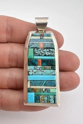 VTG KS NAVAJO STERLING SILVER HIGH GRADE MULTI GEMS COBBLESTONE PENDANT 2.5": VTG KS NAVAJO STERLING SILVER HIGH GRADE MULTI GEMS COBBLESTONE PENDANT 2.5" Vtg KS Navajo Sterling Silver High Grade Multi Gems Cobblestone Pendant 2.5" Size: 2 1/2" Tall With Bail & Over 1" Wide Wei