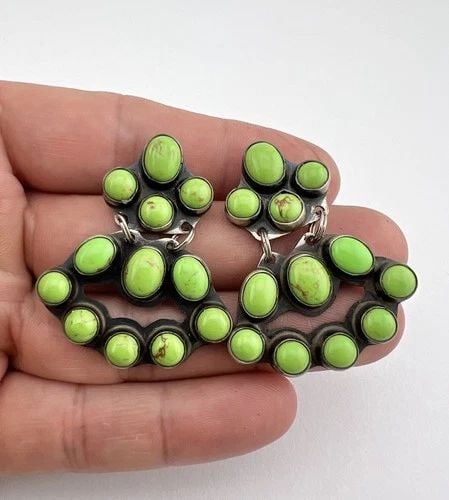 ROCKI GORMAN NAVAJO KEE COOK STERLING SILVER GASPEITE CLUSTER POST EARRINGS: ROCKI GORMAN NAVAJO KEE COOK STERLING SILVER GASPEITE CLUSTER POST EARRINGS Rocki Gorman NAVAJO Kee Cook Sterling Silver Gaspeite Cluster Post Earrings Size: 1 3/4" Tall With Dangle & 1 3/8" Wide at T