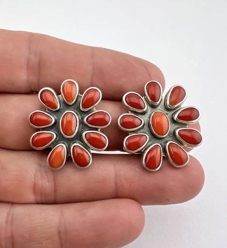 FEDERICO JIMENEZ STERLING SILVER RED CORAL CLUSTER CLIP-ON EARRINGS (1 of 2)