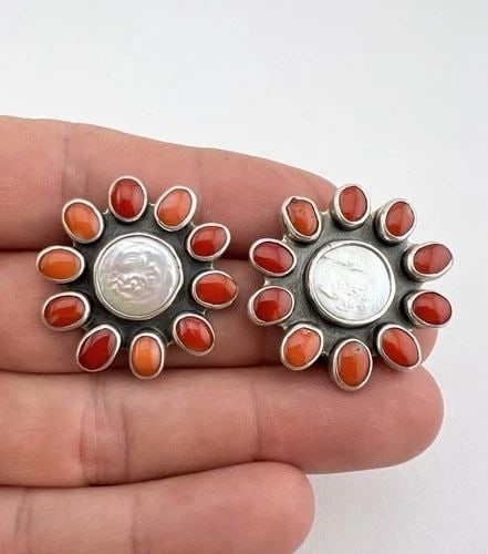 FEDERICO JIMENEZ STERLING SILVER RED CORAL & PEARL CLUSTER FLOWER POST EARRINGS (1 of 2)