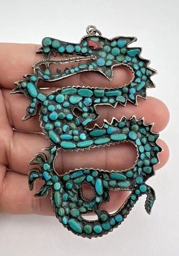 RARE ANTIQUE OLD CHINESE SILVER TURQUOISE DRAGON REVERSIBLE PENDANT 43G - 3.75": RARE ANTIQUE OLD CHINESE SILVER TURQUOISE DRAGON REVERSIBLE PENDANT 43G - 3.75" RARE Antique Old Chinese Silver Turquoise Dragon Reversible Pendant 43g - 3.75" Size: 3 3/4" Tall With bail By 2 1/2" Wi