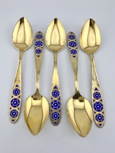 (5) VINTAGE RUSSIAN SOVIET 875 GILT GOLD SILVER BLUE ENAMEL SPOONS 76.6G (1 of 2)
