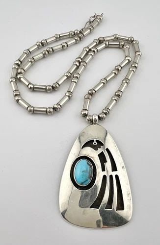 HOPI TRIBAL STERLING SILVER BENCH BEAD BISBEE TURQUOISE EAGLE PENDANT & NECKLACE: HOPI TRIBAL STERLING SILVER BENCH BEAD BISBEE TURQUOISE EAGLE PENDANT & NECKLACE Vtg Hopi Tribal Sterling Silver Bench Bead Bisbee Turquoise Eagle Pendant & Necklace Necklace Size: 23 3/4" Long Tip To