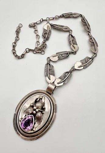 VINTAGE NAVAJO STERLING SILVER AMETHYST & LEAF LINK PENDANT NECKLACE 20.5" (1 of 2)