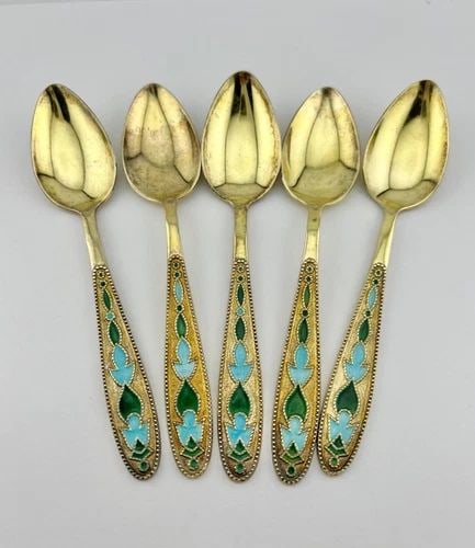 (5) VINTAGE RUSSIAN SOVIET 875 GILT SILVER GREEN & TURQUOISE ENAMEL SPOONS 78.5G (1 of 2)