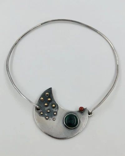 MODERNIST ABSTRACT PAM KINETIC STERLING SILVER 14K GOLD CORAL MALACHITE NECKLACE (1 of 2)