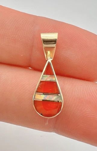 NAVAJO 14K YELLOW GOLD NATURAL FIRE OPAL & MEDITERRANEAN CORAL TEARDROP PENDANT: NAVAJO 14K YELLOW GOLD NATURAL FIRE OPAL & MEDITERRANEAN CORAL TEARDROP PENDANT Vintage Navajo 14k Yellow Gold Natural Fire Opal & Mediterranean Coral Teardrop Pendant Size: 7/8" Tall With Bail By 3/8