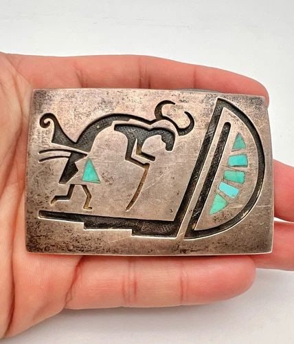 VTG HOPI STERLING SILVER & TURQUOISE BULL TRIBAL DESIGN OVERLAY BELT BUCKLE 3": VTG HOPI STERLING SILVER & TURQUOISE BULL TRIBAL DESIGN OVERLAY BELT BUCKLE 3" Vtg Hopi Sterling Silver & Turquoise Bull Tribal Design Overlay Belt Buckle 3" Size: Slightly Over 3" Wide By 2" Tall Wei