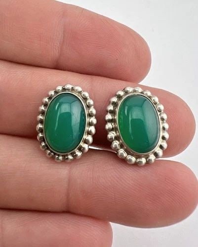 GEORG JENSEN DENMARK STERLING SILVER NATURAL GREEN CHALCEDONY CLIP EARRINGS #59 (1 of 2)