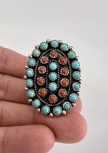 HUGE VTG ZUNI STERLING SILVER PETIT POINT SNAKE EYE TURQUOISE CORAL WOMEN'S RING: HUGE Vtg Zuni Sterling Silver Petit Point Snake Eye Turquoise & Coral Women's Ring Ring Size - 8 Weight is 12.7 Grams on my scale Metal: Sterling Silver Face of The Ring is 1 5/8" Tall In the Center B