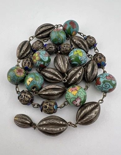 OLD CHINESE EXPORT SILVER ENAMEL CLOISONNE FILIGREE MELON BEAD CHAIN 26.5"-72.5G (1 of 2)