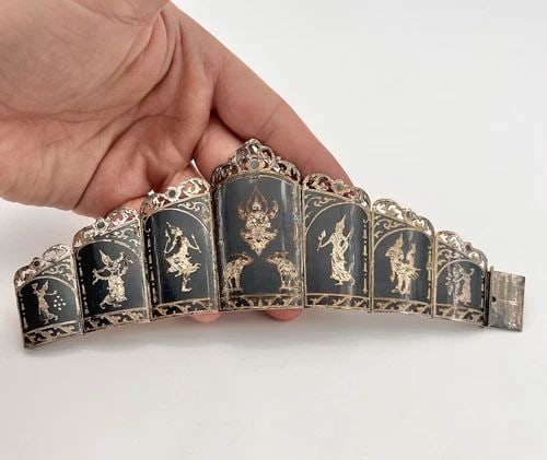 VTG 2.5" SIAM STERLING SILVER NIELLO DANCER POINTED SLAVE CUFF BRACELET 82.6G (1 of 2)