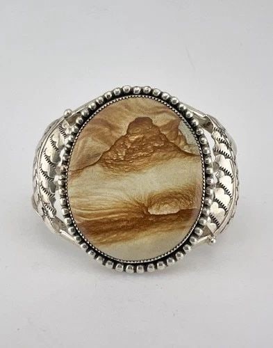 VINTAGE NAVAJO STERLING SILVER PICTURE JASPER STAMPED WIDE CUFF BRACELET #1 (1 of 2)