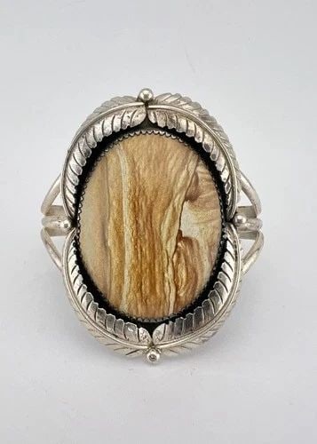VINTAGE NAVAJO STERLING SILVER PICTURE JASPER STAMPED WIDE CUFF BRACELET #2: VINTAGE NAVAJO STERLING SILVER PICTURE JASPER STAMPED WIDE CUFF BRACELET #2 Vintage Navajo Sterling Silver Picture Jasper Stamped WIDE Cuff Bracelet Cuff is 5 1/8" tip to Tip and has a 1 1/8" Wide Adj
