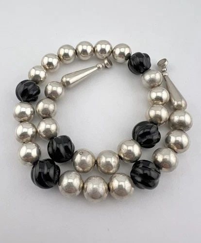 VTG TAXCO MEXICO STERLING SILVER CARVED ONYX BALL LINK NECKLACE 15.75" - 52.3G (1 of 2)