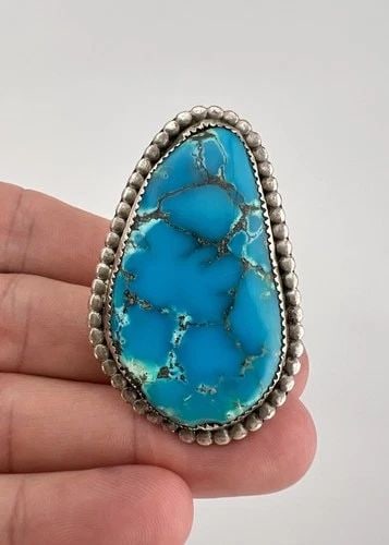 HUGE VTG ZUNI STERLING SILVER HIGH GRADE MORENCI TURQUOISE STAMPED WOMEN'S RING: HUGE Vintage Zuni Sterling Silver High Grade Morenci Turquoise Stamped Women's Ring Ring Size: 13 - Can Be Resized Weight is 18.6 Grams on my scale Test Positive For Sterling Silver Ring is 2 1/8" Tal