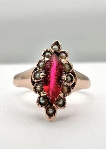 ANTIQUE VICTORIAN 14K ROSE GOLD RED SYNTHETIC RUBY & SEED PEARL RING: Antique Victorian 14K Rose Gold Red Synthetic Ruby & Seed Pearl Ring Size: 6.25 - Can Be Resized Up Without Damaging Weight is 2.3 Grams on my scale Metal: Test Around 14k Rose Gold Amazing Old French