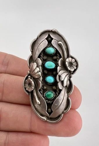 HUGE VTG NAVAJO STERLING SILVER ROYSTON TURQUOISE DETAILED STAMPED RING 2 1/8": HUGE Vtg Navajo Sterling Silver Royston Turquoise Detailed Stamped Ring 2 1/8" Ring Size: 6 - Can Be Resized Weight is 23.8 Grams on my scale Metal: Sterling Silver Ring is 2 1/8" Tall In the Center A