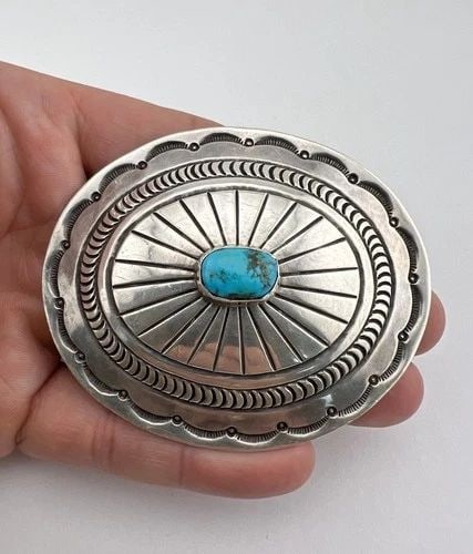 VINTAGE NAVAJO STERLING SILVER KINGMAN TURQUOISE DEEP STAMPED BELT BUCKLE 3": Vintage Navajo Sterling Silver Kingman Turquoise Deep Stamped Belt Buckle 3" Size: 3" Wide By 21/2" Tall Weight is 45.1 Grams on my scale Metal: Sterling Silver Amazing Deep Stamped Design With a Natu