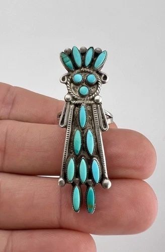 HUGE ZUNI STERLING SILVER NEEDLEPOINT TURQUOISE KACHINA CLUSTER WOMEN'S RING 2": HUGE Zuni Sterling Silver Needlepoint Turquoise Kachina Cluster Women's Ring 2" Ring Size: 6 - Can Be Re Sized Weight is 6.3 Grams on my scale Metal: Sterling Silver Ring is 2" Tall In the Center Amaz
