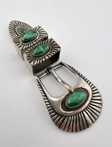 CIPRIANO ROMERO NAVAJO STERLING SILVER MALACHITE STAMPED RANGER 4PC BELT BUCKLE: CIPRIANO ROMERO NAVAJO STERLING SILVER MALACHITE STAMPED RANGER 4PC BELT BUCKLE Vtg Cipriano Romero Navajo Sterling Silver Malachite Stamped Ranger 4pc Belt Buckle Buckle Size: 1 1/2" Tall By Just Und