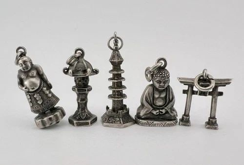 5 - ANTIQUE OLD CHINESE SILVER BUDDHA TEMPLE GODS CHARM PENDANT SET: 5 - ANTIQUE OLD CHINESE SILVER BUDDHA TEMPLE GODS CHARM PENDANT SET 5 - Antique Old Chinese Silver Buddha Temple Gods Charm Pendant Set Metal: Sterling Silver Size: Range from 1" Tall to 1 1/2" Tall W
