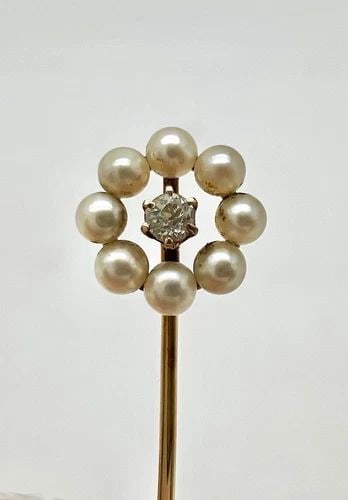 ANTIQUE VICTORIAN 14K YELLOW GOLD & ROSE CUT DIAMOND & SEED PEARL HALO STICK PIN (1 of 2)