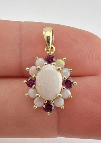 DESIGNER 14K YELLOW GOLD AUSTRALIAN FIRE BOULDER OPAL & RUBY DANGLE HALO PENDANT: DESIGNER 14K YELLOW GOLD AUSTRALIAN FIRE BOULDER OPAL & RUBY DANGLE HALO PENDANT Designer 14k Yellow Gold Australian Fire Boulder Opal & Ruby Dangle Halo Pendant Size: 7/8" Tall With Bail by 1/2" Wide