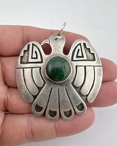 HUGE FRED HARVEY NAVAJO STERLING SILVER CERRILLOS TURQUOISE THUNDERBIRD PENDANT: HUGE FRED HARVEY NAVAJO STERLING SILVER CERRILLOS TURQUOISE THUNDERBIRD PENDANT Early Fred Harvey Era Navajo Sterling Silver Cerrillos Turquoise Thunderbird Pendant Size: 2 3/8" Tall With Bail by 2 1/