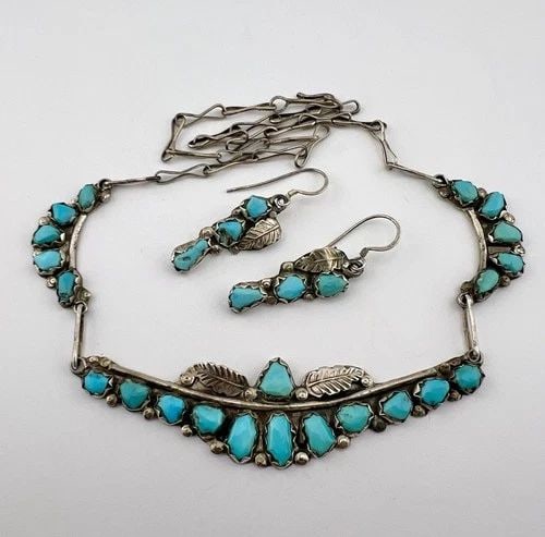 VTG ANGELITA CHEAMA ZUNI STERLING SILVER TURQUOISE COLLAR NECKLACE EARRINGS SET (1 of 2)