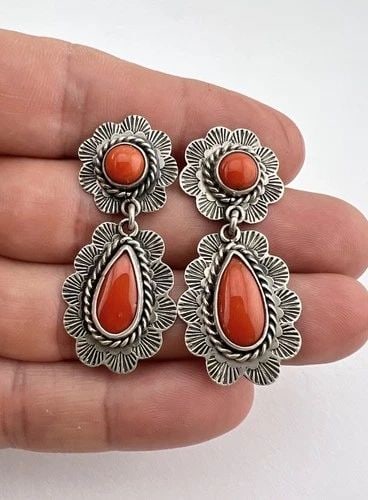 FEDERICO JIMENEZ STERLING SILVER RED CORAL STAMPED DANGLE POST EARRINGS (1 of 2)