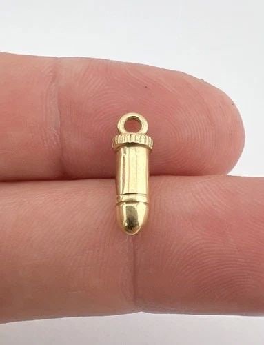 CUSTOM FINE 14K YELLOW GOLD BULLET CHARM PENDANT 5/8" - 2G: CUSTOM FINE 14K YELLOW GOLD BULLET CHARM PENDANT 5/8" - 2G Custom Fine 14k Yellow Gold Bullet Charm Pendant 5/8" - 2g Size: 5/8" Tall with Bail by About 1/4" Wide Metal: 14k Yellow Gold - Tested Weigh