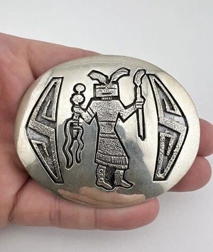 BERNICE BONNEY NAVAJO STERLING SILVER RAIN DANCER OVERLAY BELT BUCKLE 3"- 64.3G: BERNICE BONNEY NAVAJO STERLING SILVER RAIN DANCER OVERLAY BELT BUCKLE 3"- 64.3G Vtg Bernice Bonney Navajo Sterling Silver Rain Dancer Overlay Belt Buckle 3"- 64.3g Size: 3" Wide By Almost 2 1/2" Tall 