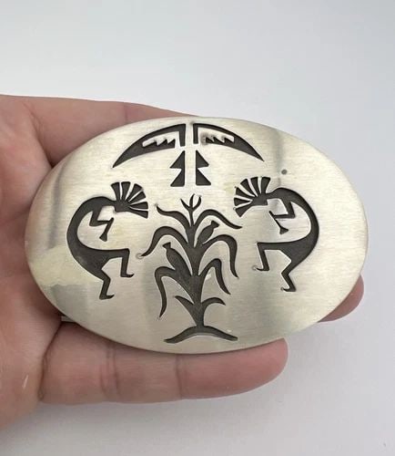 VTG HOPI STERLING SILVER KOKOPELLI & CORN STALK OVERLAY BELT BUCKLE 3.25"-42.8G (1 of 2)