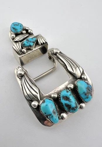 VTG NAVAJO STERLING SILVER KINGMAN TURQUOISE DEEP STAMPED RANGER 3PC BELT BUCKLE (1 of 2)