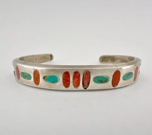 EARLY OLD ZUNI INGOT STERLING SILVER TURQUOISE & CORAL INLAY CUFF BRACELET: Early Old ZUNI Ingot Sterling Silver Turquoise & Coral Inlay Cuff BraceletCuff is 5 1/4" tip to Tip and has a 1 1/4" Gap Cuff Is 3/8" Wide Weight is 30.5 Grams on my scale Test Positive For Sterling S