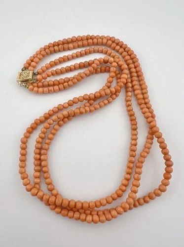 ANTIQUE VICTORIAN 14K GOLD NATURAL 4MM SALMON CORAL 3 STAND NECKLACE 15.75": ANTIQUE VICTORIAN 14K GOLD NATURAL 4MM SALMON CORAL 3 STAND NECKLACE 15.75" Antique Victorian 14k Gold Natural 4mm Salmon Coral 3 Stand Necklace 15.75" Necklace Size is 15.75" Long - 3 Strand Waterfal