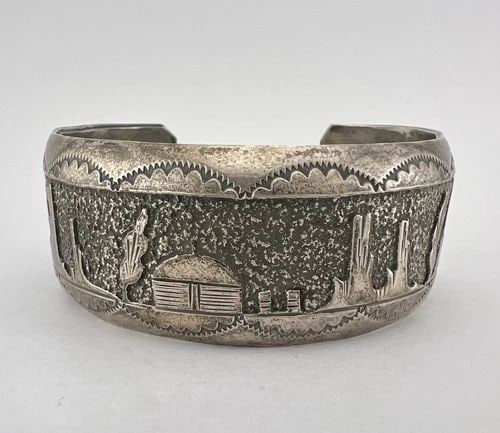 HARRY B YAZZIE NAVAJO STERLING SILVER PUEBLO STORYTELLER STAMPED CUFF BRACELET (1 of 2)