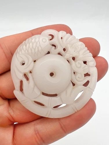 ANTIQUE CHINESE CARVED KOI FISH BAT MUTTON FAT WHITE CELADON HETIAN JADE PENDANT (1 of 2)