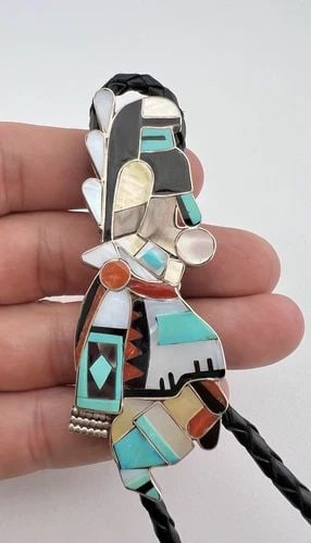 ELDRED MARTINEZ ZUNI STERLING SILVER MULTI GEM KACHINA DANCER BOLO TIE 3 1/8": ELDRED MARTINEZ ZUNI STERLING SILVER MULTI GEM KACHINA DANCER BOLO TIE 3 1/8" Vtg Eldred Martinez Zuni Sterling Silver Multi Gem Kachina Dancer Bolo Tie 3 1/8" Size: 3 1/8" Tall by Just Under 1 1/4" W