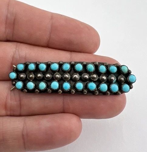 OLD 1940'S ZUNI STERLING SILVER PETIT POINT TURQUOISE HAIR CLIP BARRETTE 2 1/8" (1 of 2)