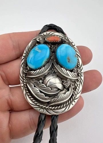 VINTAGE NAVAJO STERLING SILVER BLUE GEM TURQUOISE & RED CORAL BOLO TIE 2 3/8": Vintage Navajo Sterling Silver Blue Gem Turquoise & Red Coral Bolo Tie 2 3/8" Size: 2 3/8" Tall by Almost 2" Wide Weight is 48.8 Grams on my scale Metal: Sterling Silver Amazing Natural Blue Gem Turqu