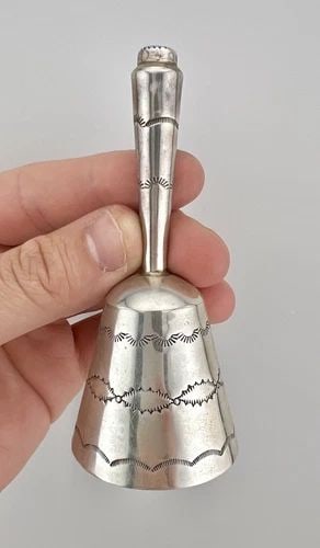 VTG NAVAJO NATIVE AMERICAN HAND STAMPED STERLING SILVER & TURQUOISE BELL -3 7/8": VTG NAVAJO NATIVE AMERICAN HAND STAMPED STERLING SILVER & TURQUOISE BELL -3 7/8" Vtg Navajo Native American Hand Stamped Sterling Silver & Turquoise Bell -3 7/8" Size: 3 7/8" Tall By 1 5/8" Wide at Th