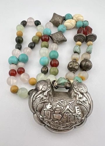 ANTIQUE OLD CHINESE SILVER LONGEVITY WEDDING LOCK MULTI GEMSTONE NECKLACE 185.3G (1 of 2)