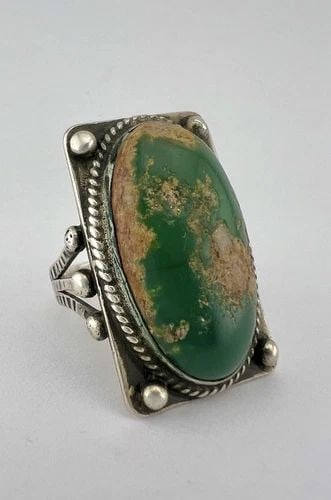 EARLY 1940S NAVAJO DEAD PAWN STERLING SILVER CERRILLOS TURQUOISE STAMPED RING: EARLY 1940S NAVAJO DEAD PAWN STERLING SILVER CERRILLOS TURQUOISE STAMPED RING LARGE Early 1940s Navajo Dead Pawn Sterling Silver Cerrillos Turquoise Stamped Ring Ring Size: 9 - Can Be Resized Weight i